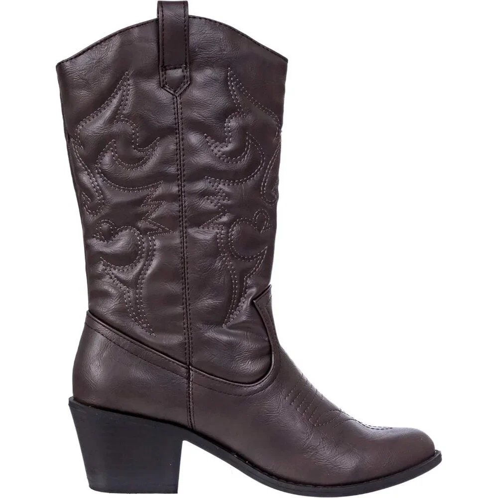 Women's Brown Mid Calf Boot Embroidered Stiching Western Cowgirl Boots Low Heel